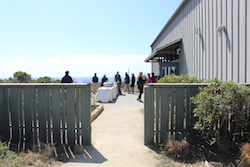 the fence around the building, lunch buffet in distance